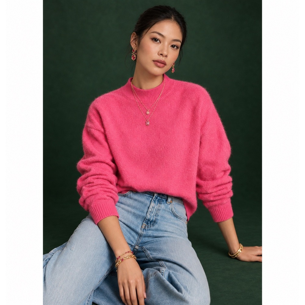 Peruvian Handmade Pink Mock Neck Cashmere Feel Fuzzy Knit Pullover Sweater